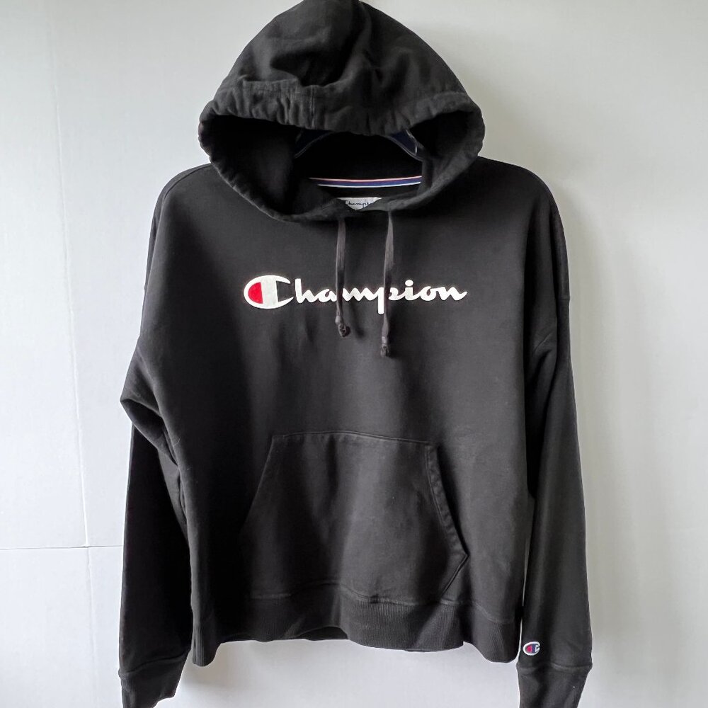 Champion Hoodie, Black Graphic Pullover, Size Large, EC!